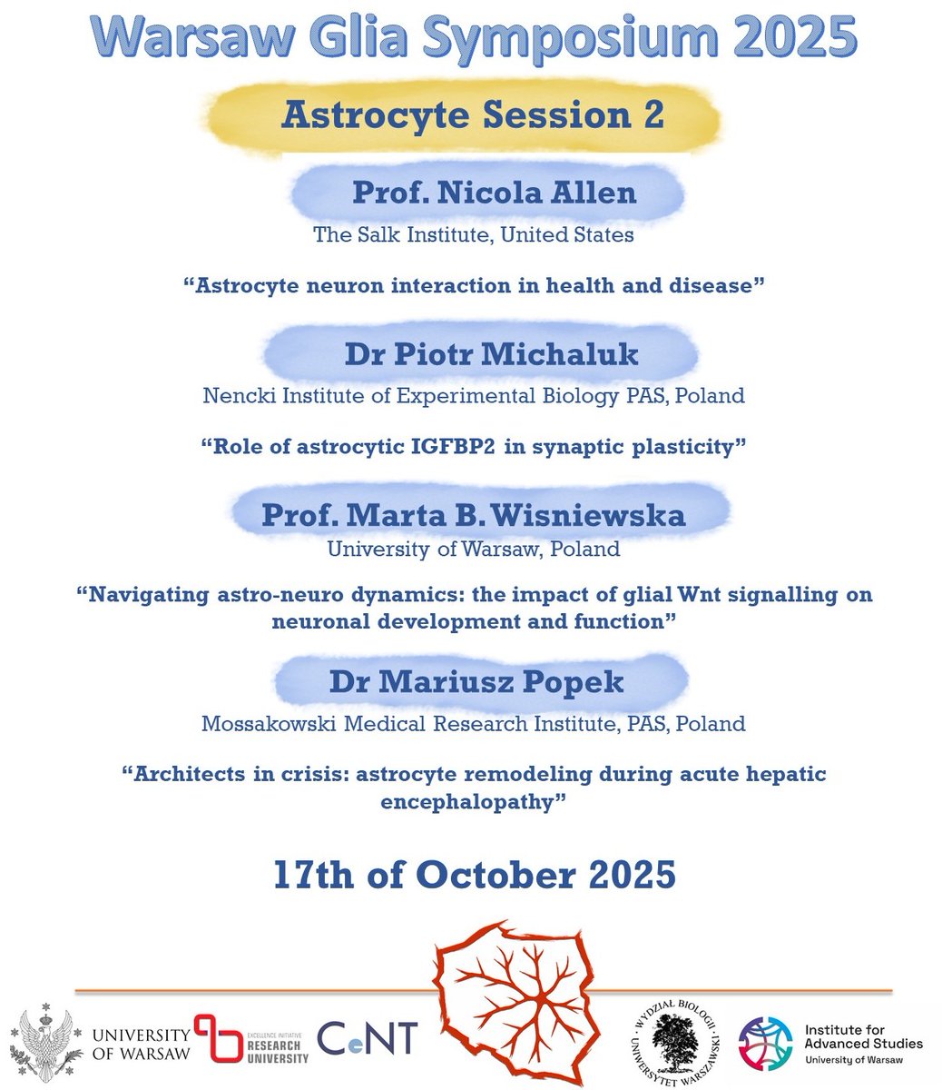 Wrapping up with stars ✨ Our final astrocyte session is packed! Check the lineup &amp; join us—free registration still open!

sites.google.com/uw.edu.pl/wars…

#GLIA #WGC