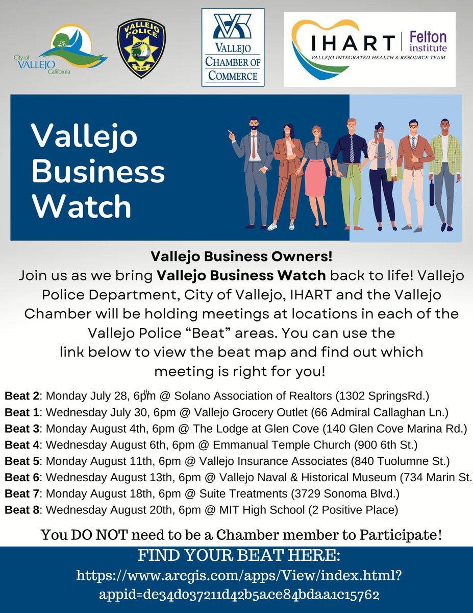 TONIGHT: Vallejo Business Watch – BEAT 2 Meeting

Vallejo Business Owners,

Join us tonight, Monday, July 28, at 6:00 PM for the Beat 2 Business Watch Meeting at:

📍 Solano Association of Realtors - 1302 Springs Road

This meeting is your chance to connect directly with Vallejo