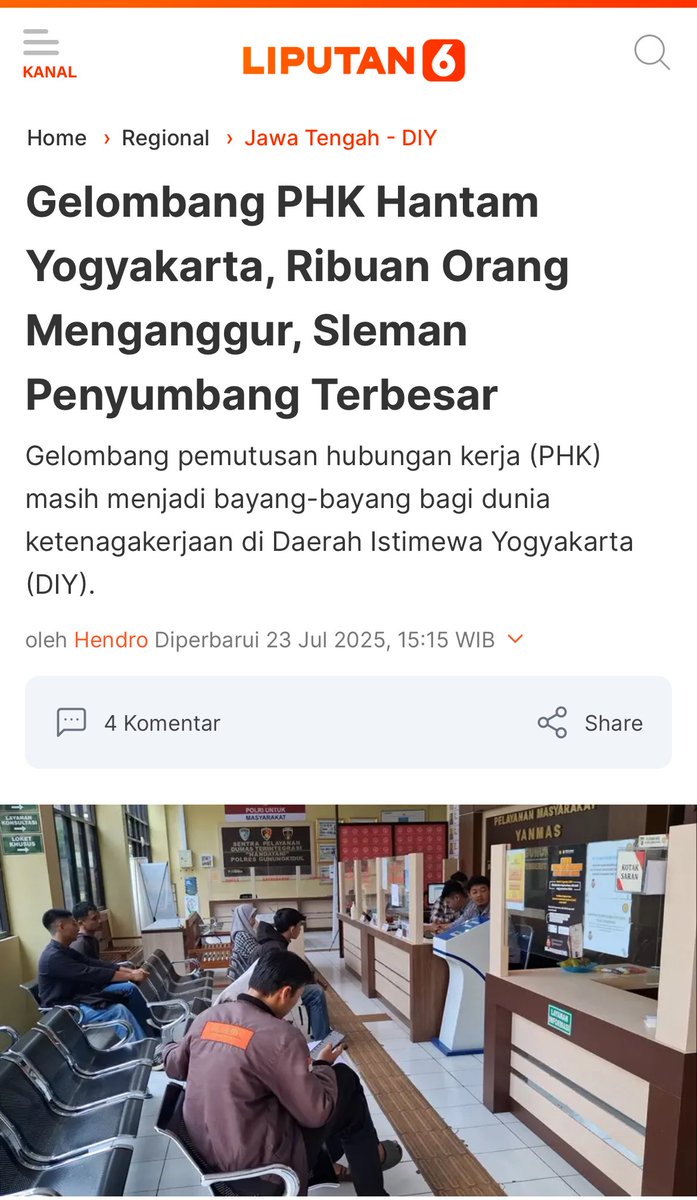 Giliran JOGJA dihantam Gelombang PHK massal‼️

Mo nagih Janji Kampanye si Wapres kok yg ngucap itu Bocah belerrrr.. 

Katanya Negara sedang baik2 aja, Tapi nyatane Sakit parah.

Trus Kudu Piye⁉️🤔