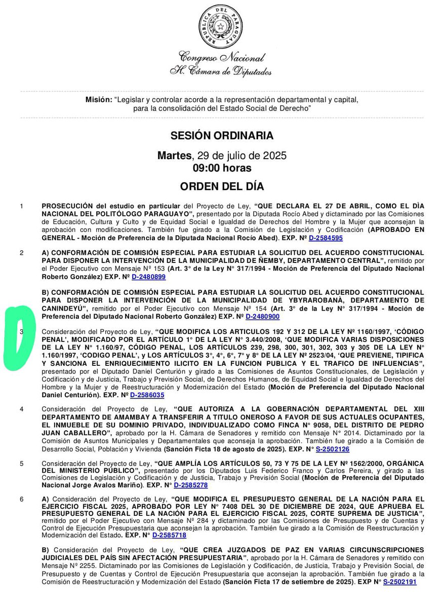 arnalditocabral's tweet image. Mañana en @DiputadosPy

En el punto 3 del orden del día de la ordinaria figura el proyecto de ley que aumento el marco penal a delitos de corrupción publica.

El proyectista @DaniCenturionpy espera que la plenaria estudie la propuesta, que busca castigar años corruptos.

@nanduti