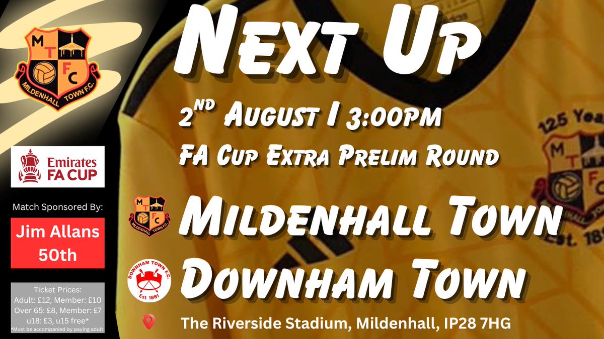 Mildenhall Town FC (@mildenhalltown) on Twitter photo This Saturday it all starts again!
We welcome <a href="/downhamtownfc/">Downham Town FC</a> to The Riverside Stadium for the FA Cup Extra Prelim Qualifier. 3pm kick-off.
Bar and Snack Shack open
Match sponsored by Jim Allan’s 50th.
Get along and support the boys
#upthehall This Saturday it all starts again!
We welcome <a href="/downhamtownfc/">Downham Town FC</a> to The Riverside Stadium for the FA Cup Extra Prelim Qualifier. 3pm kick-off.
Bar and Snack Shack open
Match sponsored by Jim Allan’s 50th.
Get along and support the boys
#upthehall
