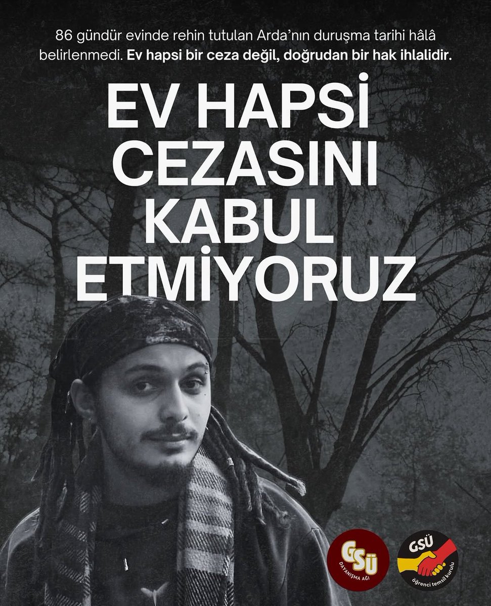86 gündür evinde rehin tutulan Arda'nın duruşma tarihi hala belirlenmedi. Ev hapsi bir ceza değil, doğrudan bir hak ihlalidir. 

Ev hapsi cezasını kabul etmiyoruz! 

#ArdaKarademireÖzgürlük