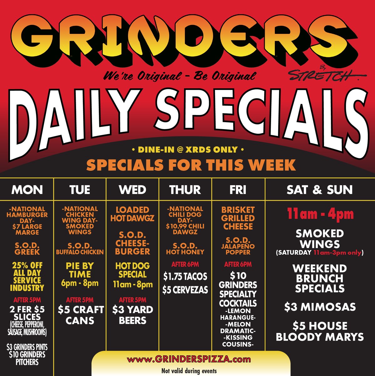3 National Food Days this week = lots of amazing specials!
Monday - Large Marges $7 
Tuesday - Smoked Wings
Thursday - Chili Dawgz $10.99
And that's on top of the other tasty specials the rest of the week. Stop in and chow down with us!