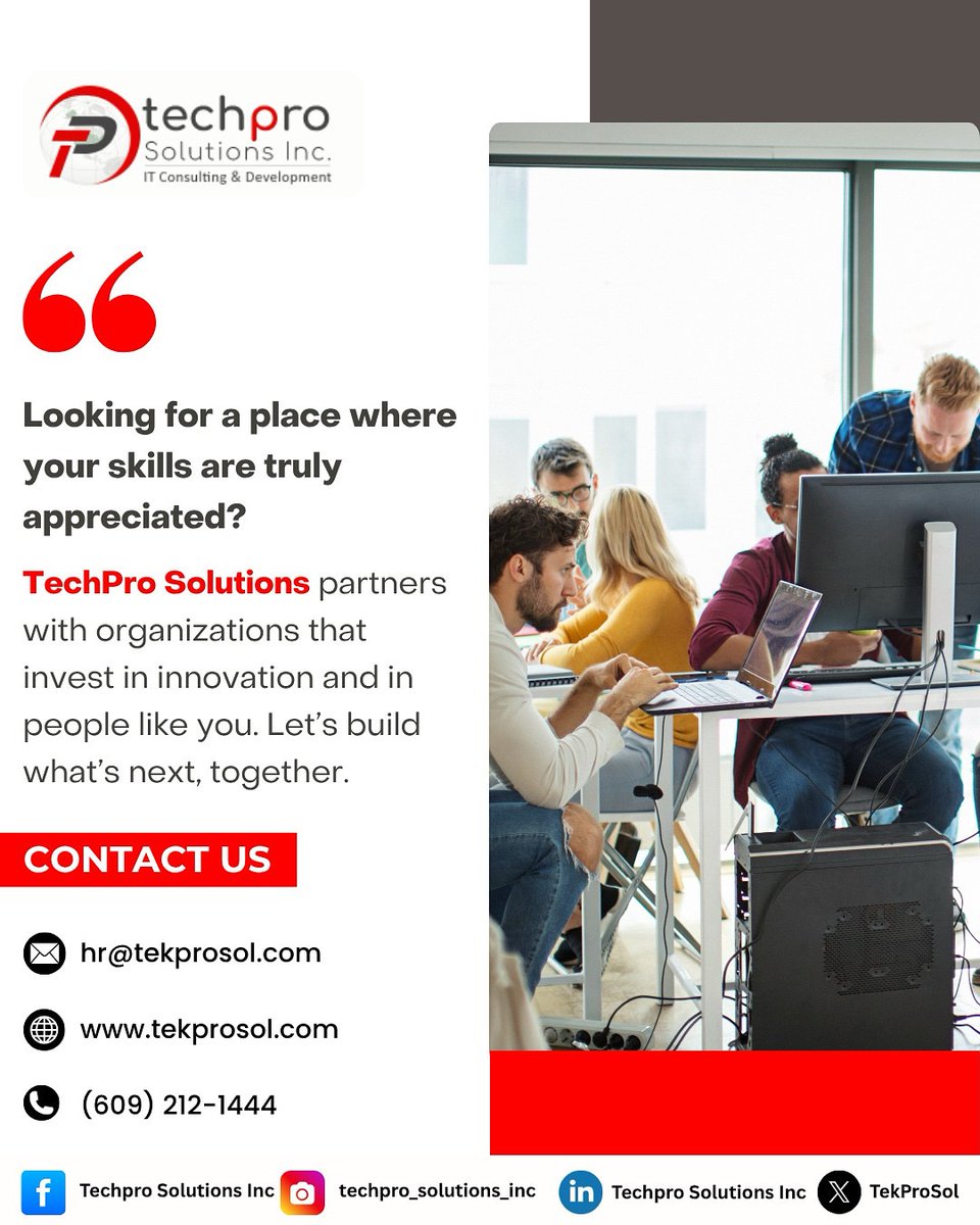 TechPro Solutions (@tekprosol) on Twitter photo Ready to work where your skills are valued and innovation is celebrated?
At TechPro Solutions, we don’t just fill roles — we build futures.
💼 Join hands with organizations that believe in your potential.
📩 hr@tekprosol.com
🔗 tekprosol.com Ready to work where your skills are valued and innovation is celebrated?
At TechPro Solutions, we don’t just fill roles — we build futures.
💼 Join hands with organizations that believe in your potential.
📩 hr@tekprosol.com
🔗 tekprosol.com