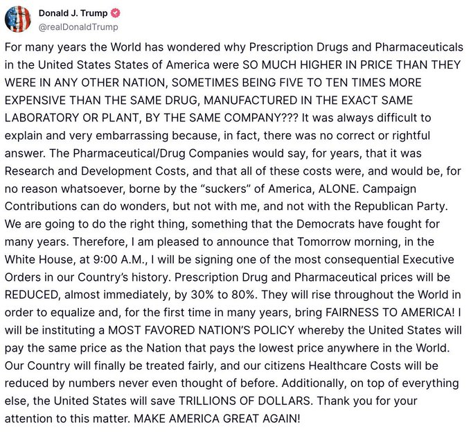 DEMOCRATS are whining and bitching about the MASSIVE deal President Trump just signed and now are realizing that TRUMP is ensuring that Americans aren't overcharged for prescriptions and the drug companies will not be allowed to screw over America.  

Either make them in the