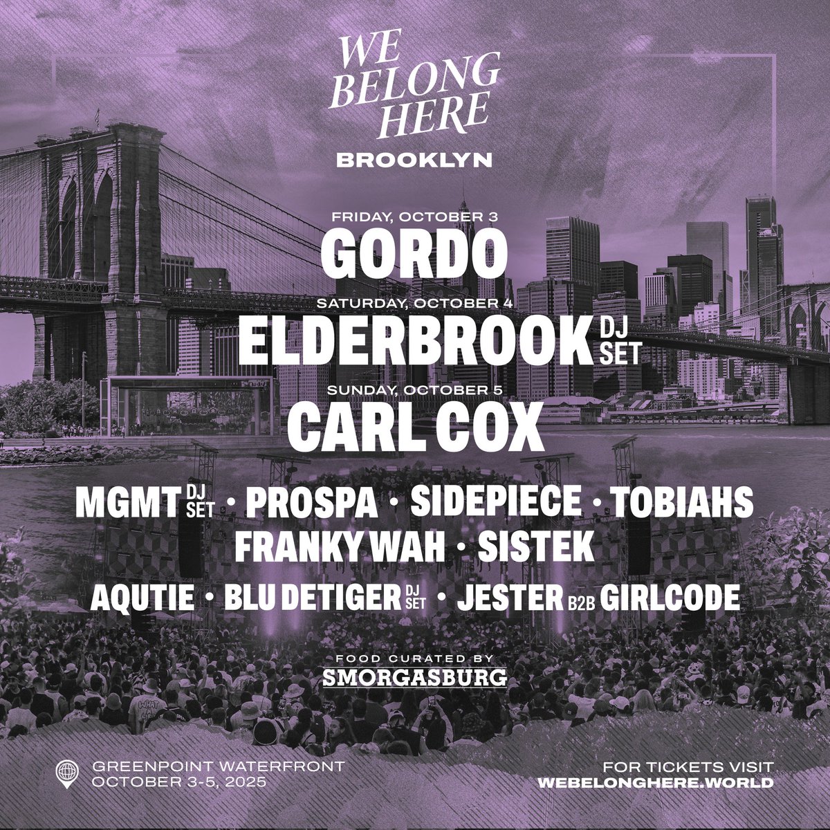 r/avers - EDM News + Community (@edmflips) on Twitter photo The official <a href="/webelonghereofc/">We Belong Here</a> festival lineup just dropped and it's STACKED.
Featuring <a href="/_elderbrook/">Elderbrook</a>, <a href="/GordoSZN/">GORDO</a>, <a href="/youasidepiece/">SIDEPIECE ๐</a>, <a href="/frankywahmusic/">Franky Wah</a>, @sistek, Prospa, Carl Cox, and more. This NYC festival takes over the Greenpoint waterfront in Brooklyn on October 3 - 5, 2025. The official <a href="/webelonghereofc/">We Belong Here</a> festival lineup just dropped and it's STACKED.
Featuring <a href="/_elderbrook/">Elderbrook</a>, <a href="/GordoSZN/">GORDO</a>, <a href="/youasidepiece/">SIDEPIECE ๐</a>, <a href="/frankywahmusic/">Franky Wah</a>, @sistek, Prospa, Carl Cox, and more. This NYC festival takes over the Greenpoint waterfront in Brooklyn on October 3 - 5, 2025.