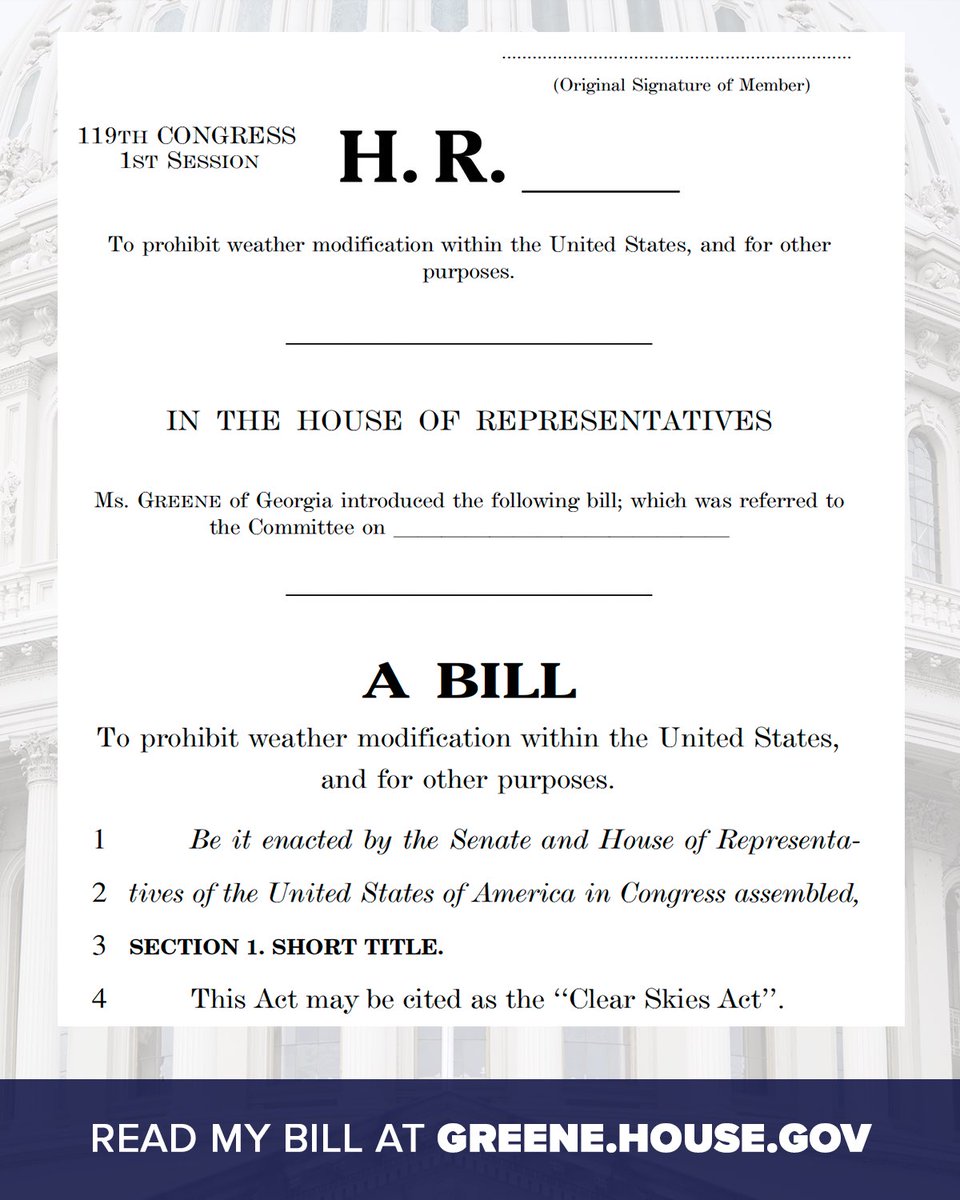THE CLEAR SKIES ACT! ☀️

My bill…

🚫 PROHIBITS all weather modification, including geoengineering, cloud seeding, and solar radiation management

⛓️‍💥 CRIMINALIZES weather modification violations, up to $100,000 in fines and/or 5 years in prison per violation

⚖️ DIRECTS the