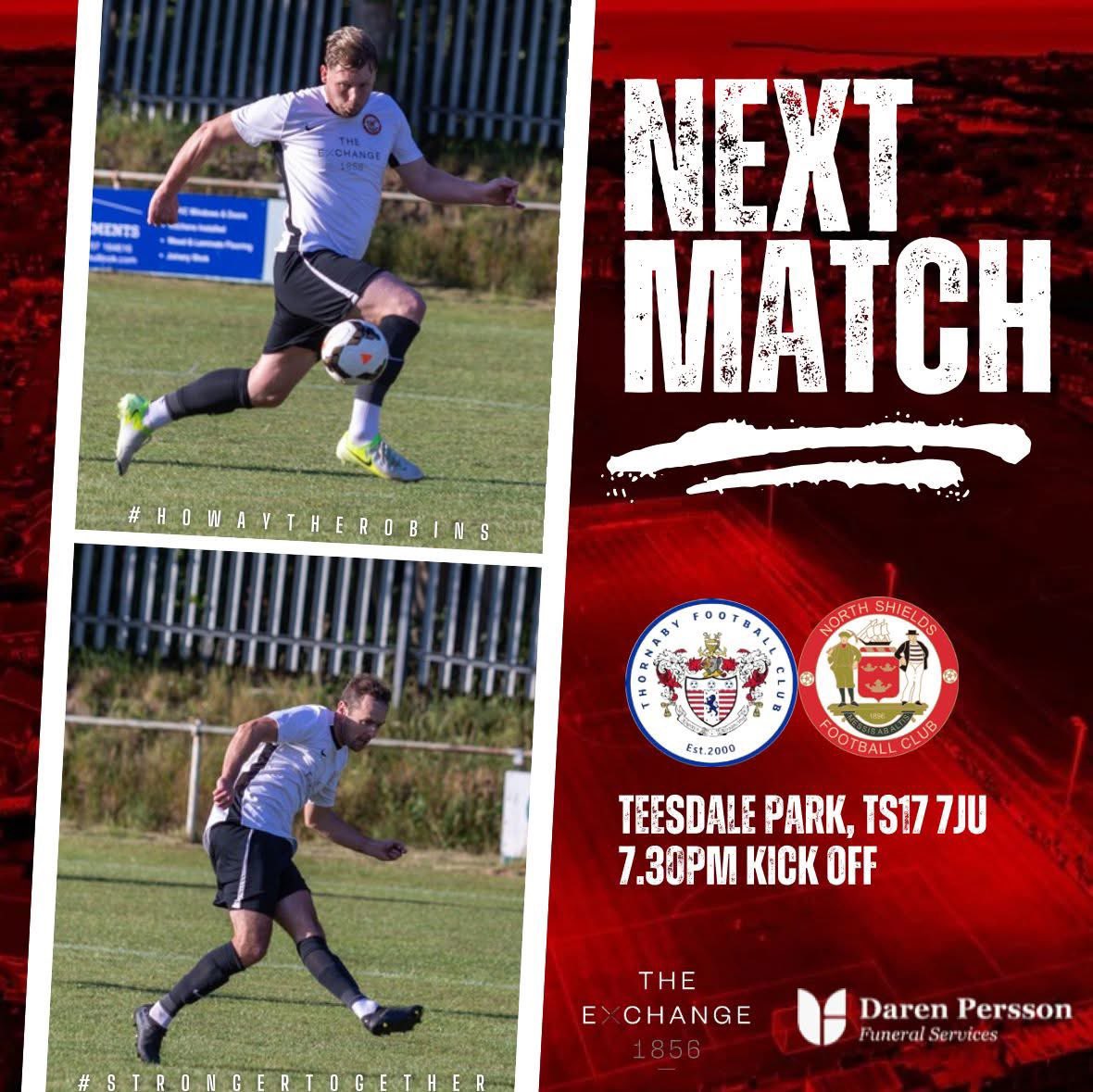 NorthShieldsFC's tweet image. 🔴 NEXT MATCH ⚪

We’re on the road this Tuesday for our first away game of the season in the EBAC Northern League! Let’s back the lads as we head to Thornaby! 👊

🆚 @ThornabyFC_ 
📅 Tuesday 29th July
🕢 Kick-Off: 7:30 PM
📍 Away – Teesdale Park

#HowayTheRobins #NorthernLeague