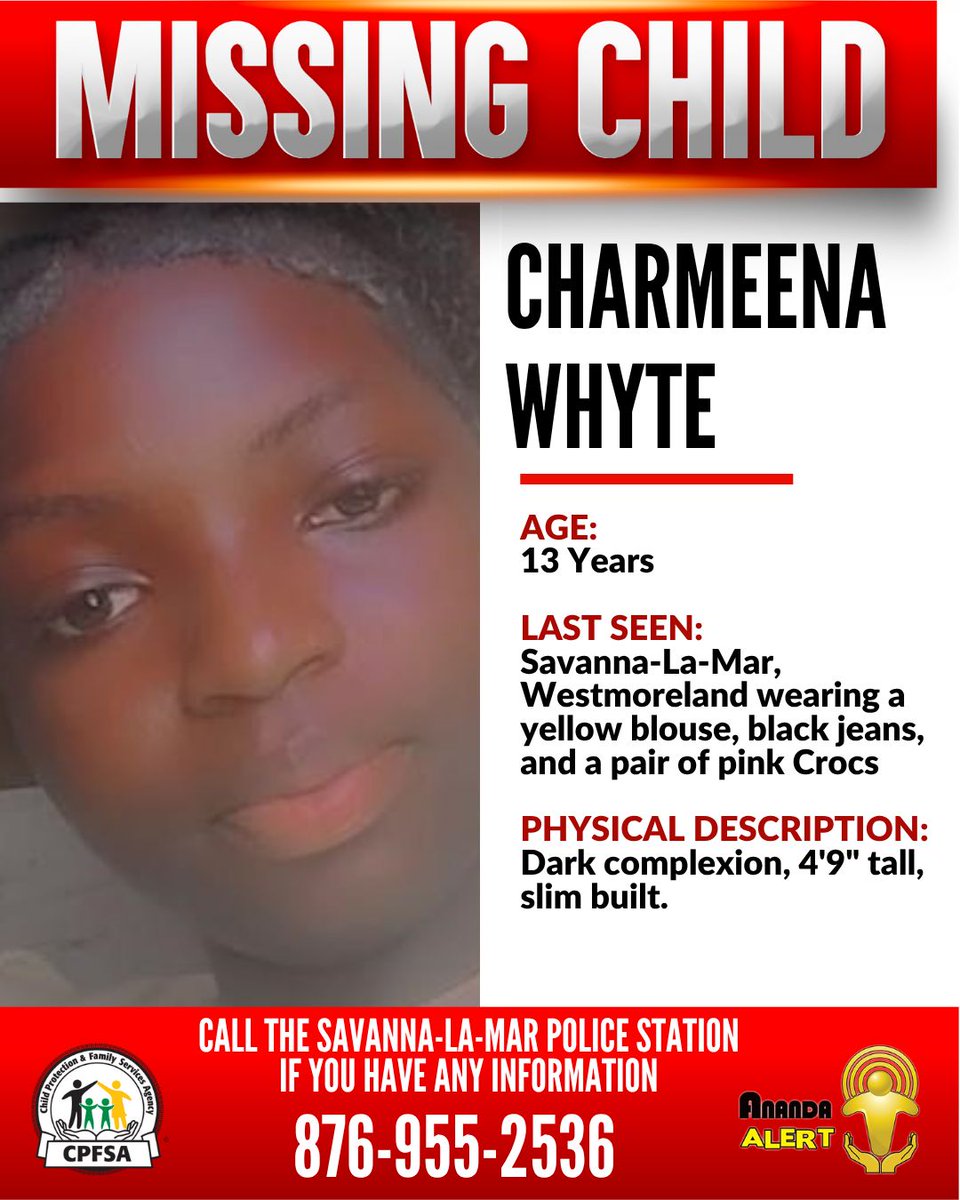 cpfsajm's tweet image. #AnandaAlert #FindCharmeena
Charmeena Whyte, a 13-year-old from Savanna-la-Mar, Westmoreland, has been reported missing. She was last seen on Tuesday, July 22, 2025.
If you have any information that could assist in her safe return, contact the Savanna-la-Mar Police or the…