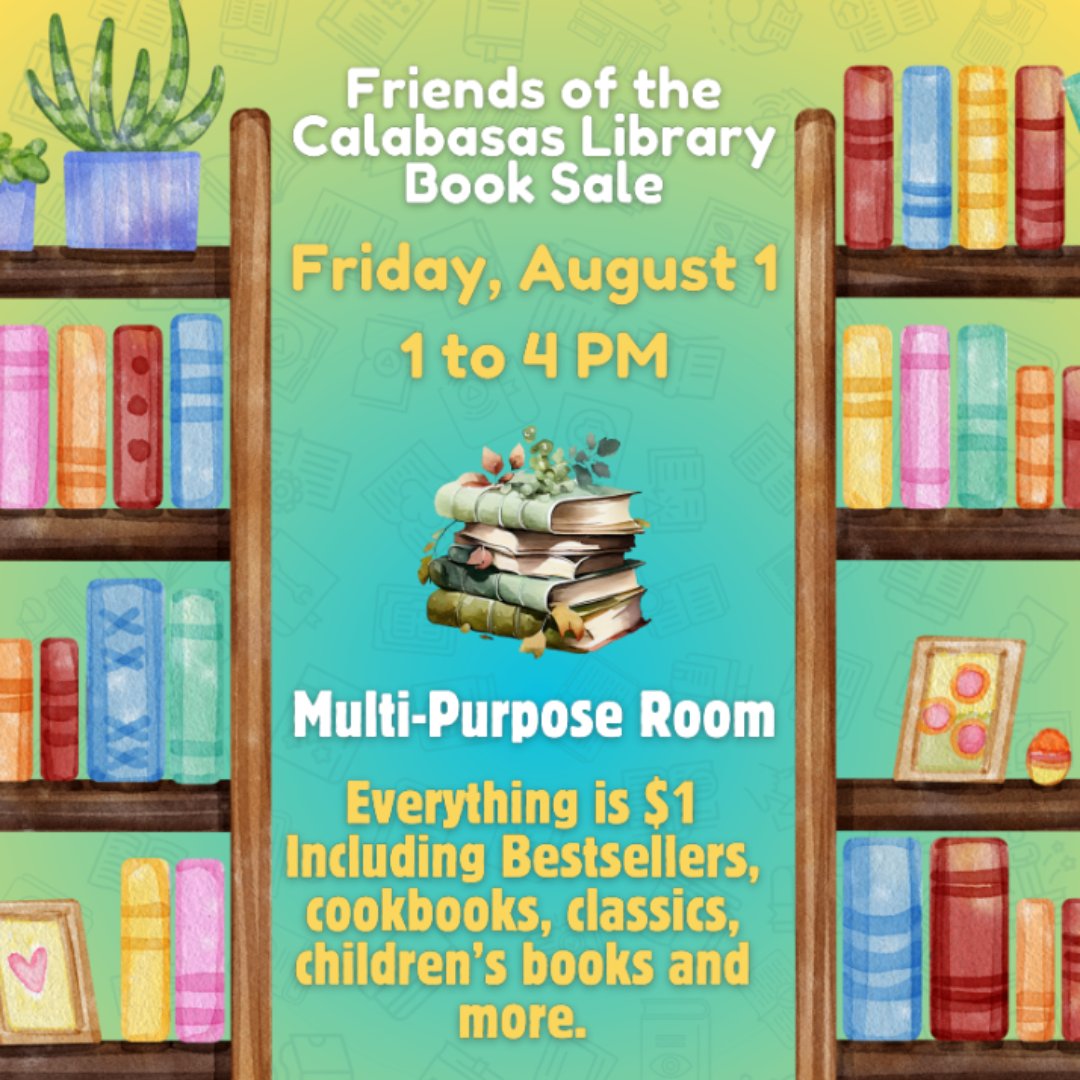 City of Calabasas (@cityofcalabasas) on Twitter photo Celebrate the summer's final chapter at the <a href="/CalabasasLib/">Calabasas Library</a>!
Join us Friday, Aug. 1, for a fun-filled day for the whole community.
๐ End of Summer Celebration | 1โ4 p.m.
๐ Friends of the Library Book Sale | 1โ4 p.m.
#CityOfCalabasas #CalabasasLibrary Celebrate the summer's final chapter at the <a href="/CalabasasLib/">Calabasas Library</a>!
Join us Friday, Aug. 1, for a fun-filled day for the whole community.
๐ End of Summer Celebration | 1โ4 p.m.
๐ Friends of the Library Book Sale | 1โ4 p.m.
#CityOfCalabasas #CalabasasLibrary