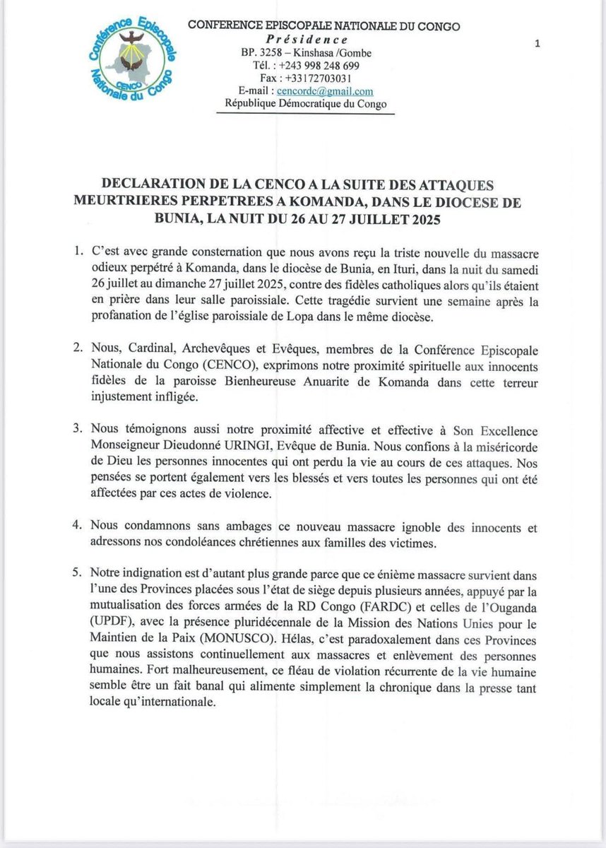 YvesBuya1's tweet image. Reaction de la CENCO aux massacres en #Ituri: « Il est surprenant qu'après tant d'années de gravissimes tueries, les autorités compétentes en matière de sécurité ne parviennent toujours pas à identifier réellement les assaillants. Aucune explication plausible, à même de rassurer…
