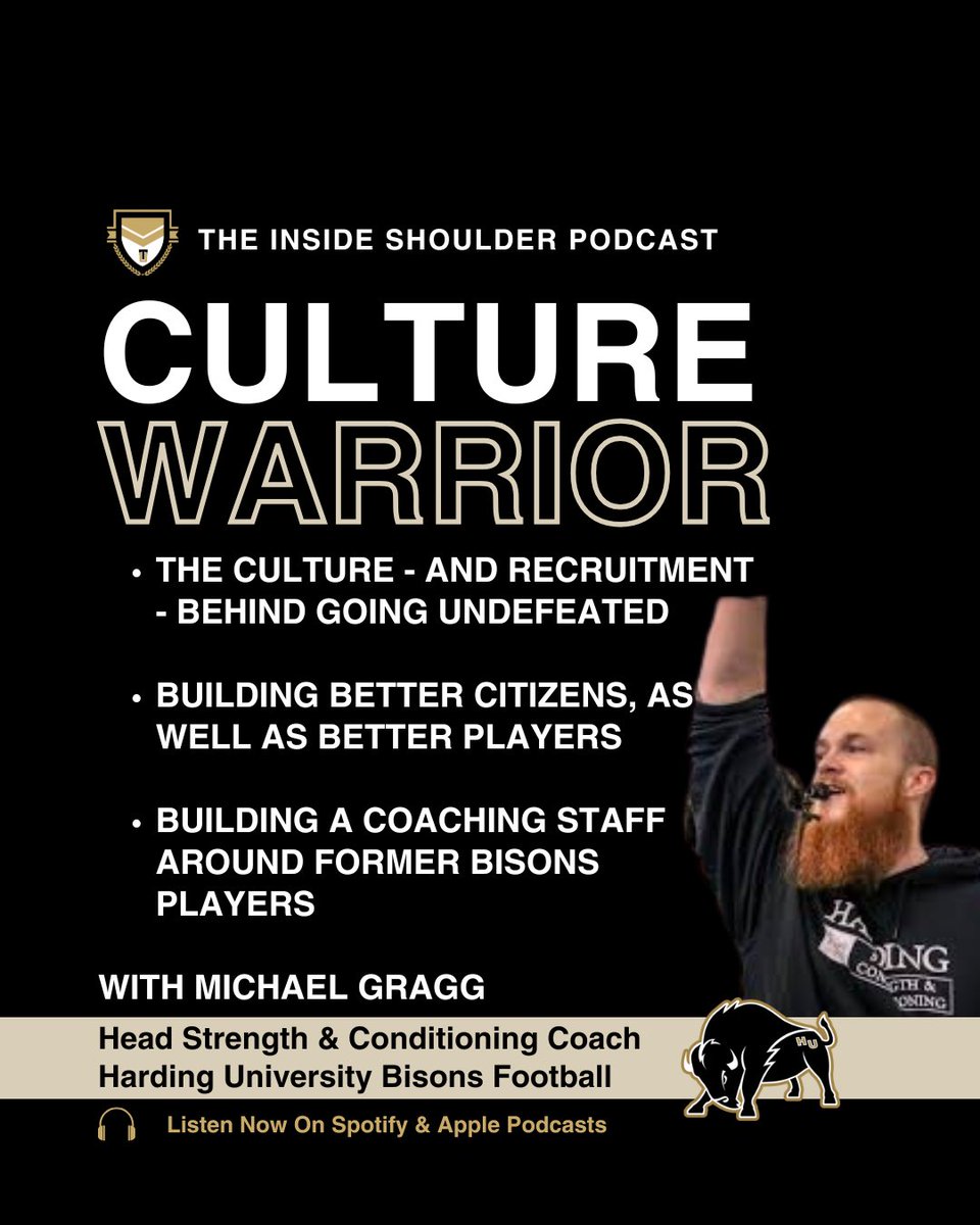 Tackle University (@tackleuni) on Twitter photo New ep of The Inside Shoulder podcast with <a href="/MichaelGragg/">Michael Gragg</a> - Head Strength & Conditioning Coach at Harding University Bisons Football!
We talked culture, recruitment, contact, strength, speed, social media gimmicks and more! Listen now on Spotify or Apple Podcasts (link in reply) New ep of The Inside Shoulder podcast with <a href="/MichaelGragg/">Michael Gragg</a> - Head Strength & Conditioning Coach at Harding University Bisons Football!
We talked culture, recruitment, contact, strength, speed, social media gimmicks and more! Listen now on Spotify or Apple Podcasts (link in reply)