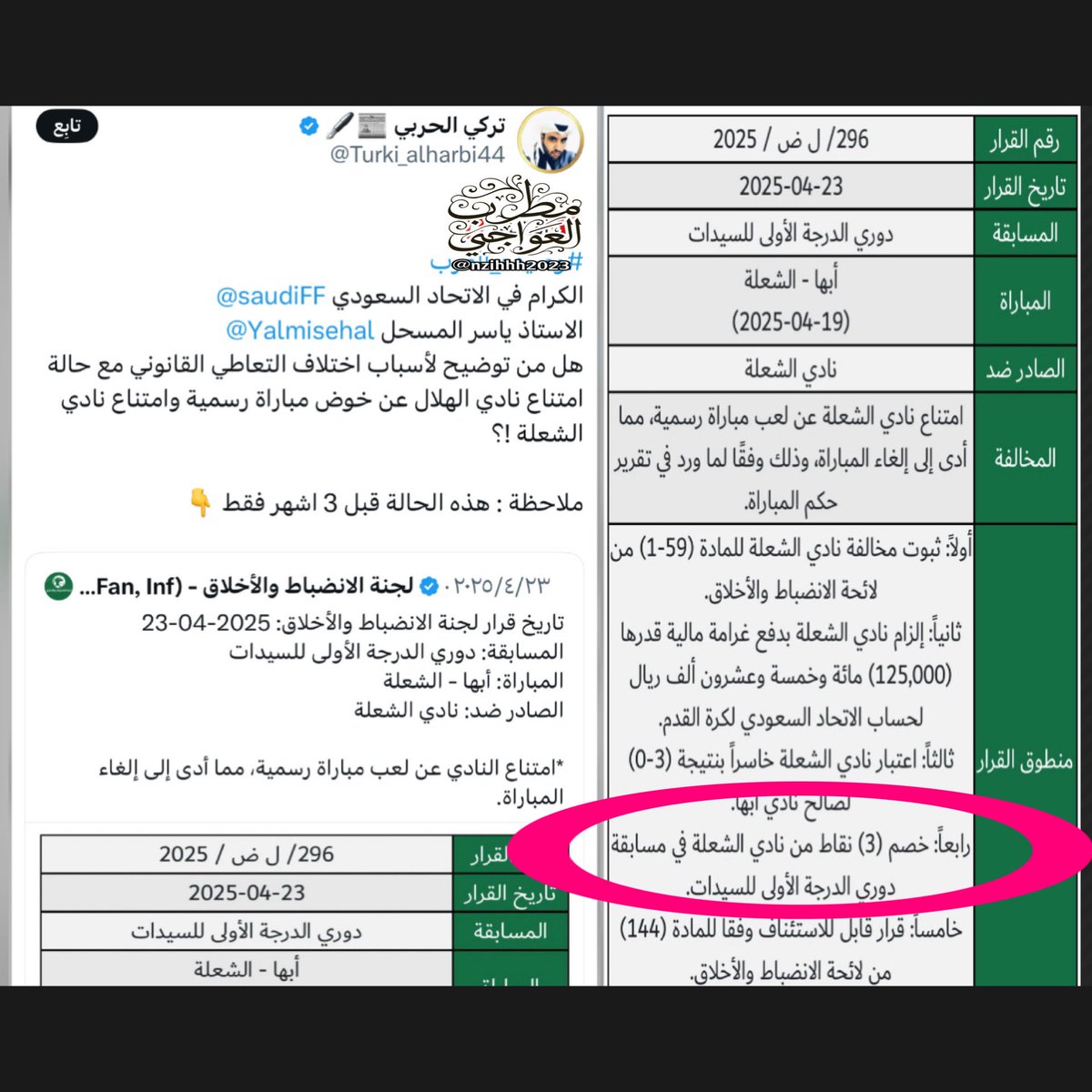 ▪️عوجاء والطابق مكشوف 

- مشكلة عندما يجي شخص ويستدل في أشياء هو بنفسه ليس فاهمها وفوق هذا يطالب بتطبيق نظام جايبه من راسه !!

- اصغر مشجع يعلم ان بطولة السوبر  ليست بنظام نقاط وليست دوري على شان يخصمون ثلاث نقاط على #الهلال مثل ما صار في موضوع الشعله !!

- وهذا الشخص الذي يمثل