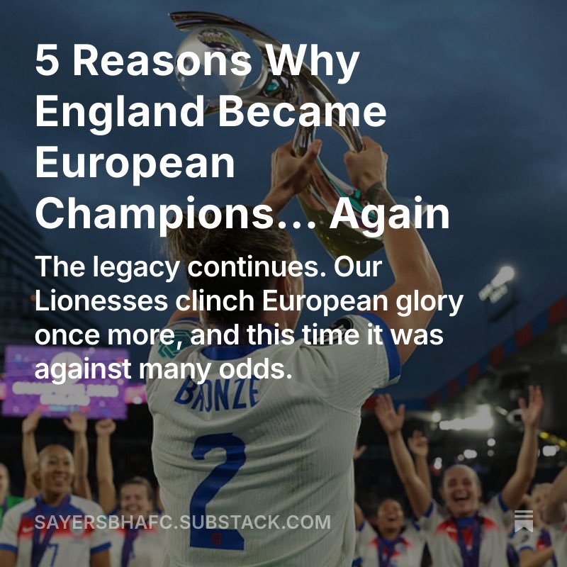 SayersBHAFC's tweet image. Five Reasons Why England Became European Champions… AGAIN! 🏴
Really enjoyed putting this one together. The legacy continues! 🤩
📰 open.substack.com/pub/sayersbhaf…
#ENG #Lionesses #WEURO2025