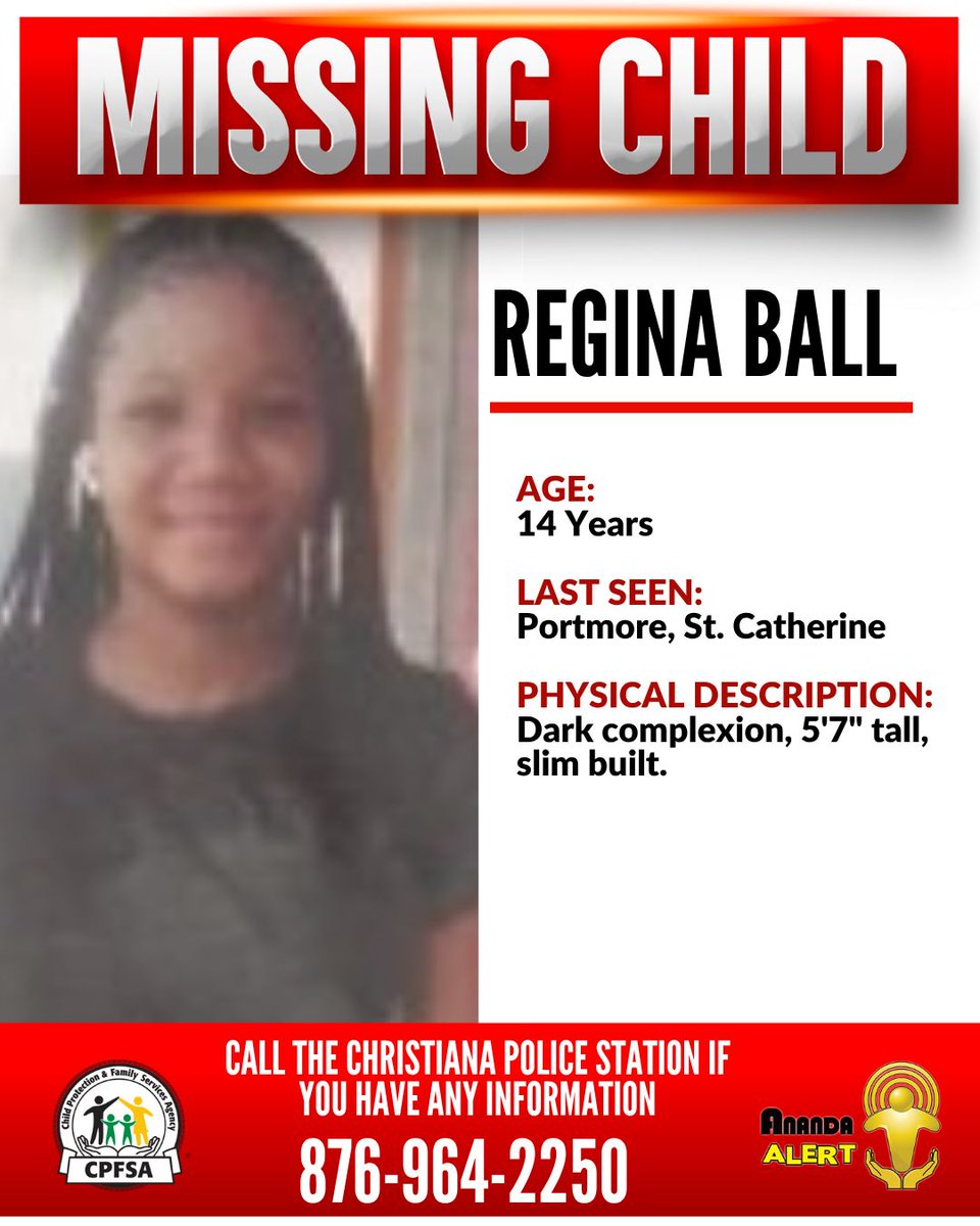 cpfsajm's tweet image. #AnandaAlert #FindRegina
Regina Ball, a 14-year-old from Portmore, St. Catherine, has been reported missing. She was last seen on Saturday, July 26, 2025.
If you have any information that could assist in her safe return, contact the Christiana Police or the CPFSA.