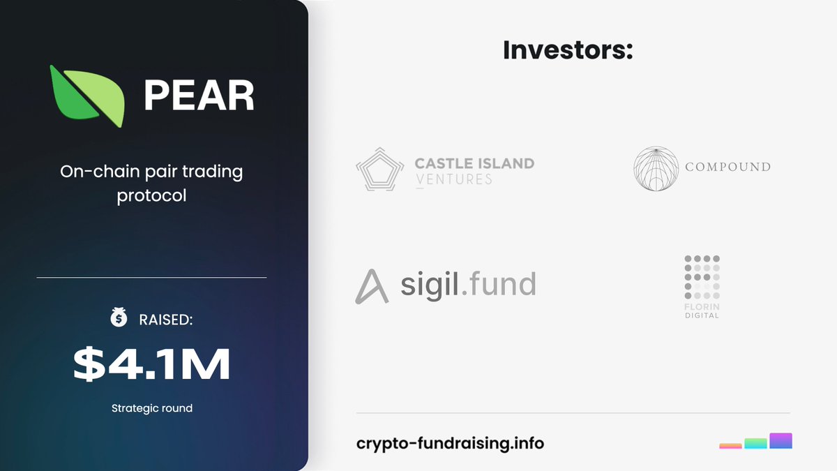 Crypto_Dealflow's tweet image. On‑chain pair trading protocol @pear_protocol raised $4.10M in a Strategic funding round led by @CastleIslandVC, with participation from @CompoundVC, Florin Digital, @Sigil_Fund.
crypto-fundraising.info/projects/pear-…