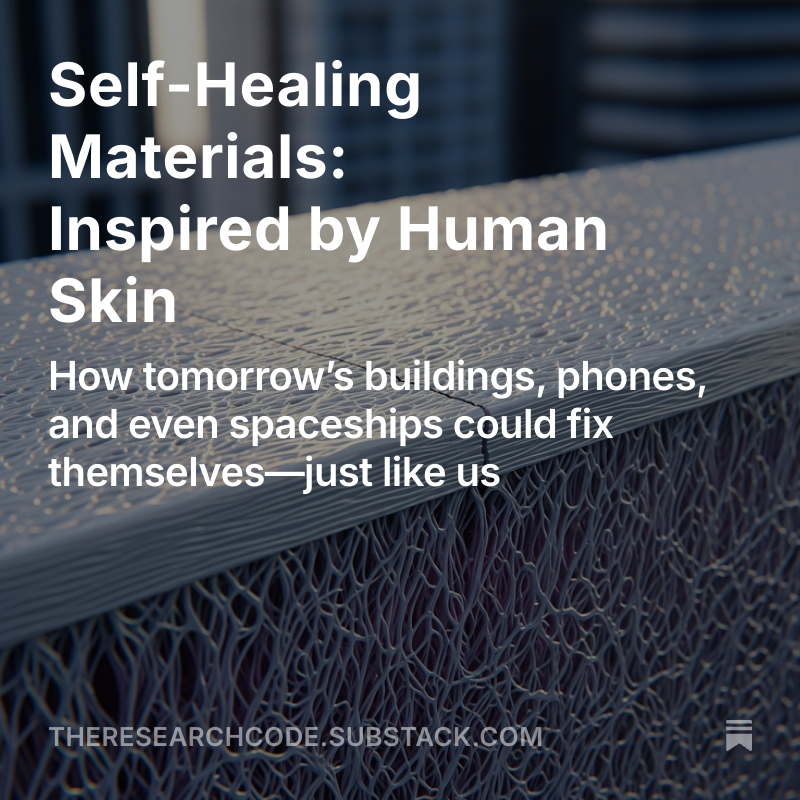 TheResearchCode's tweet image. The Future is Here: Materials That Heal Themselves Like Human Skin
Imagine your smartphone screen automatically repairing cracks, or bridges fixing their own fractures before they become dangerous. This isn't science fiction—it's the revolutionary world of self-healing…