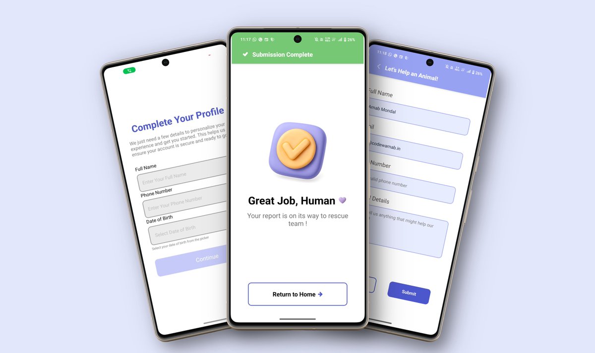 codewarnab's tweet image. Wrapped up today’s screens! ✨
✅ Onboarding form
✅ Report Submission confirmation
✅ User details form for reporting (which gets prefilled automatically)
Any guesses what we’re building? 👀
Designed by @Soham_dey07 🎨
Keeping the momentum going 💪
#ReactNative #UIUX #Shipathon
