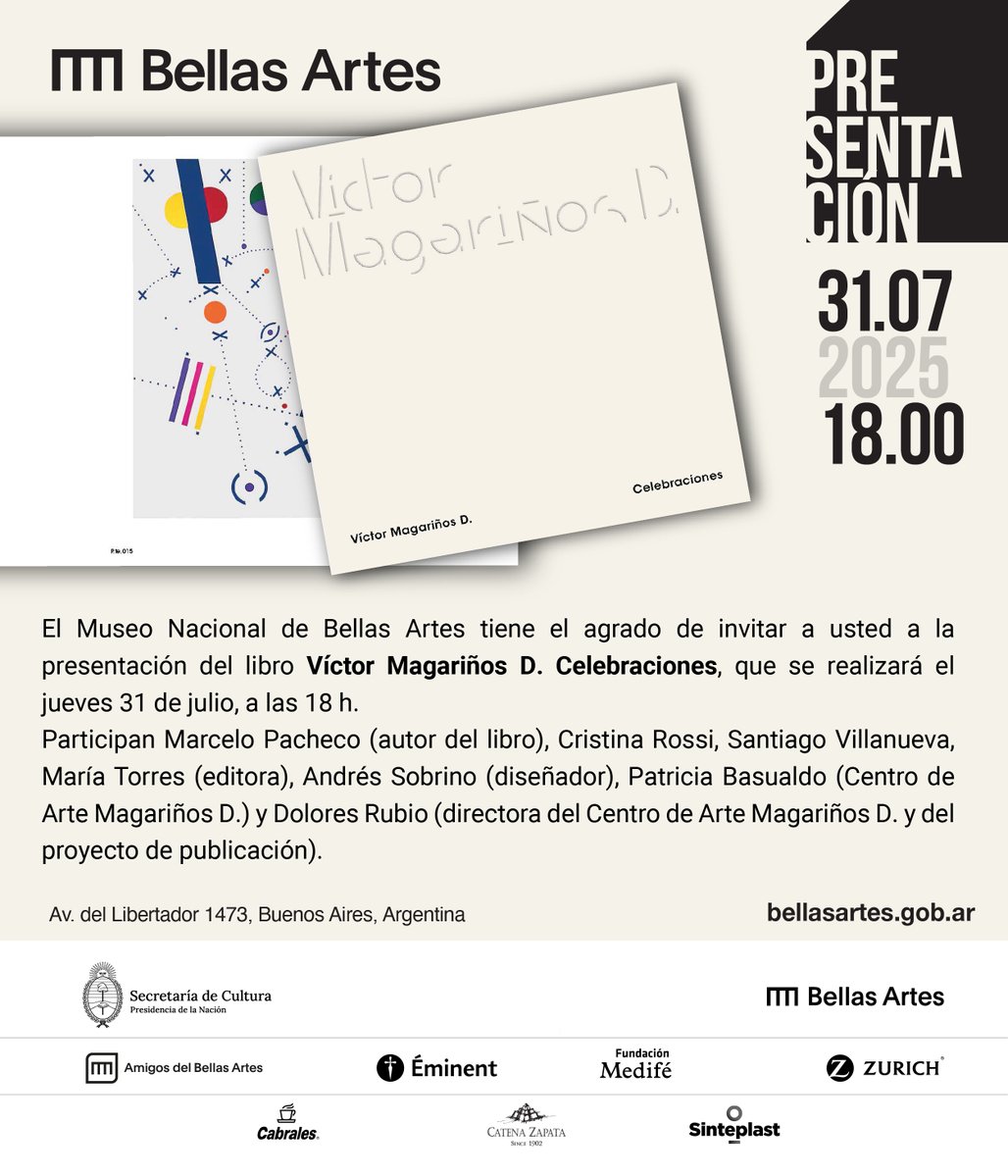 #Libros📚El jueves 31/7, a las 18, están invitados a la presentación de “Víctor Magariños D. Celebraciones”, de Marcelo E. Pacheco, una publicación dedicada a la obra de un artista que creó un arte más allá del lenguaje, en un universo de ritmos, líneas, trazos y geometrías.