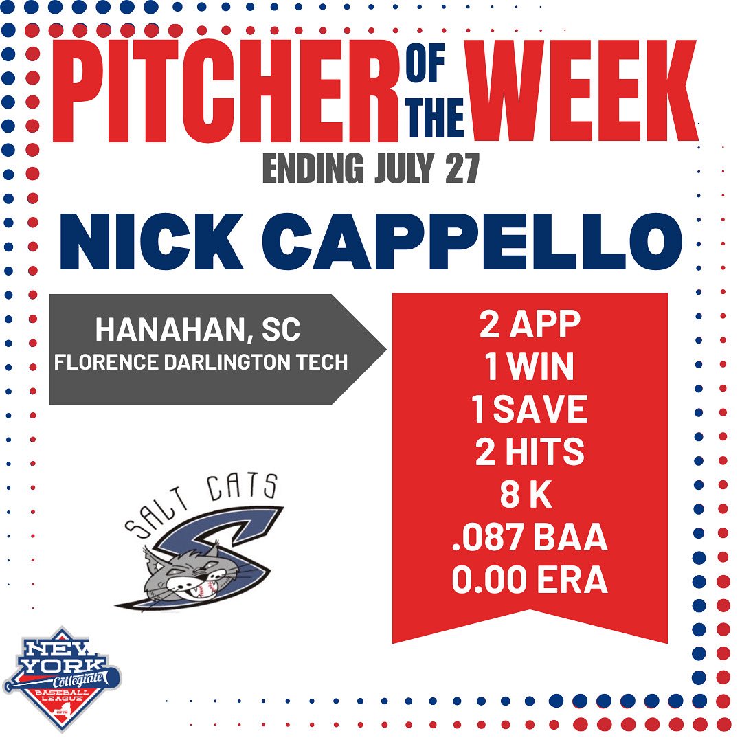 NYCBL Baseball (@nycblbaseball) on Twitter photo The NYCBL week 8 (ending July 27th) PITCHER OF THE WEEK is Nick Cappello! The NYCBL week 8 (ending July 27th) PITCHER OF THE WEEK is Nick Cappello!