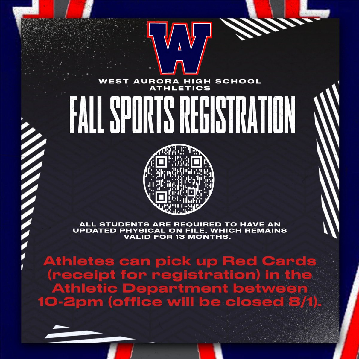 Red cards are available in the Athletic Office daily from 10-2pm (except Friday, 8/1).  The office will be open outside these hours, however, staff members may be in a meeting in other parts of the building before 10am or after 2pm.