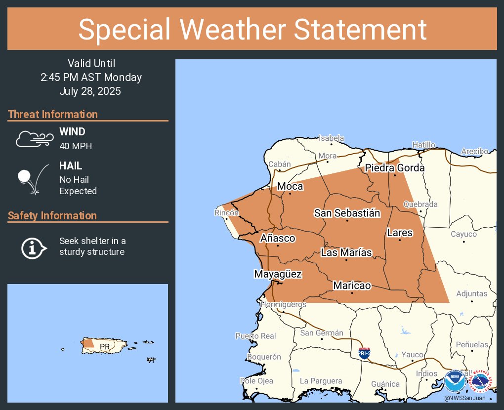 NWSSanJuan's tweet image. A special weather statement has been issued for Mayagüez PR, San Sebastián PR and Añasco PR until 2:45 PM AST