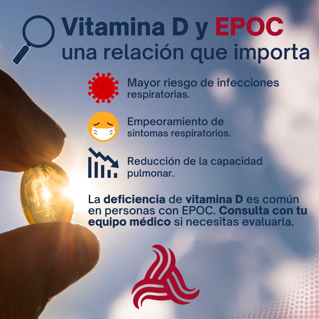 ☀️La vitamina D es una vitamina fundamental para mantener la salud ósea, fortalecer el sistema inmunitario y apoyar la función respiratoria.

En pacientes con EPOC, la deficiencia de vitamina D se ha asociado a un mayor deterioro de la salud pulmonar y una mayor vulnerabilidad a