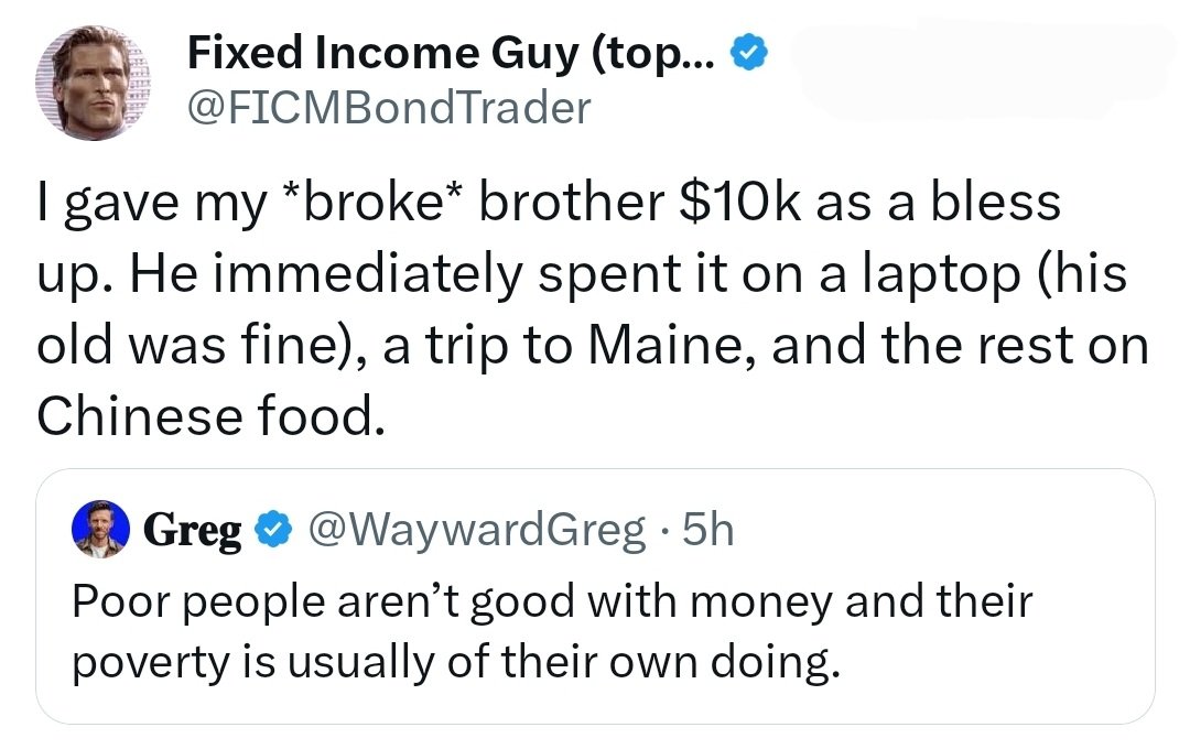 thewealthdad's tweet image. Decent amount of truth to this.
Was close to a situation where a young broke adult got $20k for schooling. They never took one class. Blew the money on gambling/food/day to day "stuff" in a few years.
Most adults are where they are because of the person they see in the mirror.