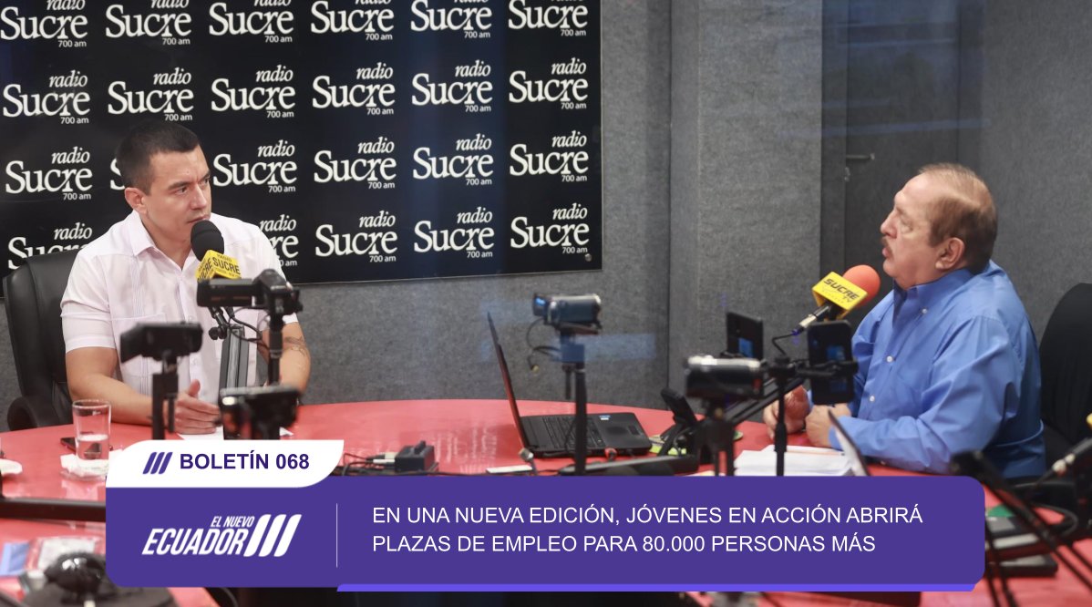 ComunicacionEc's tweet image. BOLETÍN | #ElNuevoEcuador 🇪🇨

El presidente @DanielNoboaOk brindó una entrevista a Radio Sucre junto al periodista Vicente Arroba, donde dialogó sobre los logros y desafíos del Gobierno Nacional. Una nueva Ley Económica Urgente, 80.000 plazas de empleo para jóvenes y la consulta…