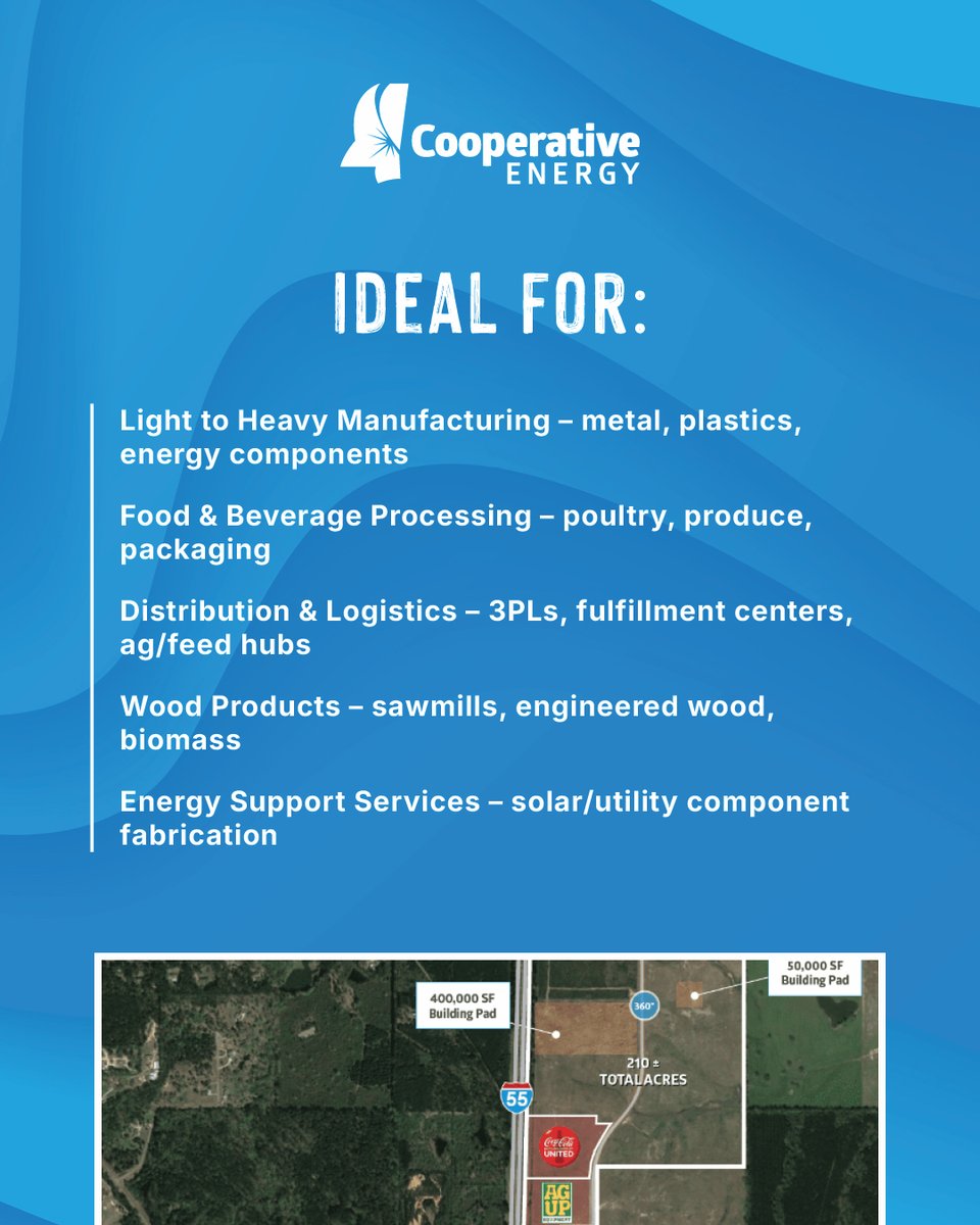 Gateway Industrial Park in Pike County is 210 acres of industrial-ready land with I‑55 frontage and full site due diligence complete! Located 3 miles south of McComb, MS, Gateway offers a build-ready foundation for manufacturers, distributors, and processors. Cooperative Energy
