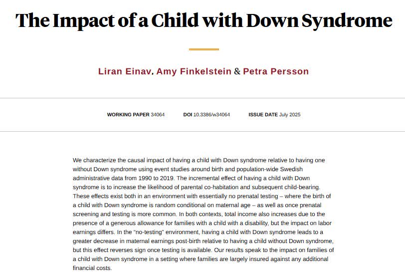 Having a child with Down syndrome increases the likelihood of parental co-habitation and subsequent child-bearing, from <a href="/liraneinav/">Liran Einav</a>, Amy Finkelstein, and <a href="/PerssonPetra/">Petra Persson</a> nber.org/papers/w34064