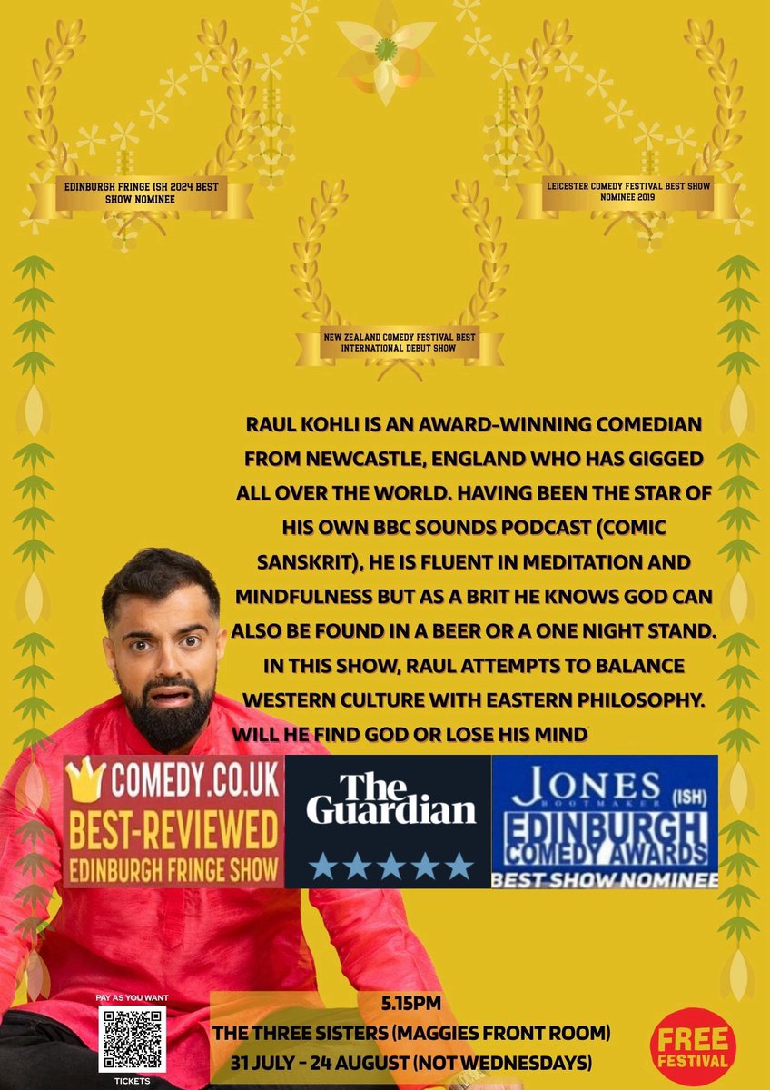 Raul Kohli (@raulkohlicomic) on Twitter photo <a href="/edfringe/">Edinburgh Festival Fringe</a> Show Announcement number 3
This year’s solo. Already nominated at the <a href="/NZComedyFest/">NZComedyFest</a> for best international debut & <a href="/festmag/">Fest Magazine</a> pick of the Adelaide Fringe
as part of <a href="/freefringefest/">FreeFringeFest</a>
Poster design: <a href="/MonicaChatterje/">Monica Chatterjee</a> <a href="/edfringe/">Edinburgh Festival Fringe</a> Show Announcement number 3
This year’s solo. Already nominated at the <a href="/NZComedyFest/">NZComedyFest</a> for best international debut & <a href="/festmag/">Fest Magazine</a> pick of the Adelaide Fringe
as part of <a href="/freefringefest/">FreeFringeFest</a>
Poster design: <a href="/MonicaChatterje/">Monica Chatterjee</a>