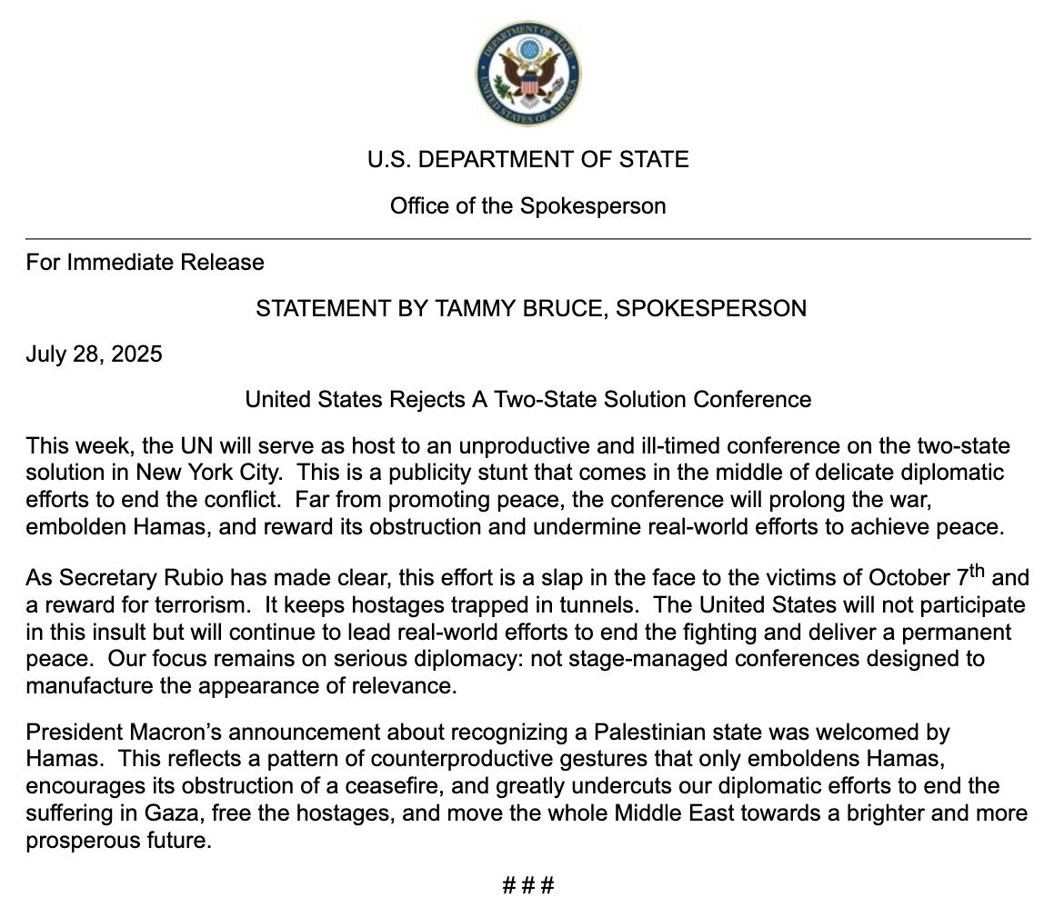 inteltower's tweet image. NEW:  The United States opposes a Two-State Solution Conference, arguing it will extend the Hamas-Israel conflict, strengthen Hamas, reward its obstructionism, and hinder genuine peace efforts.