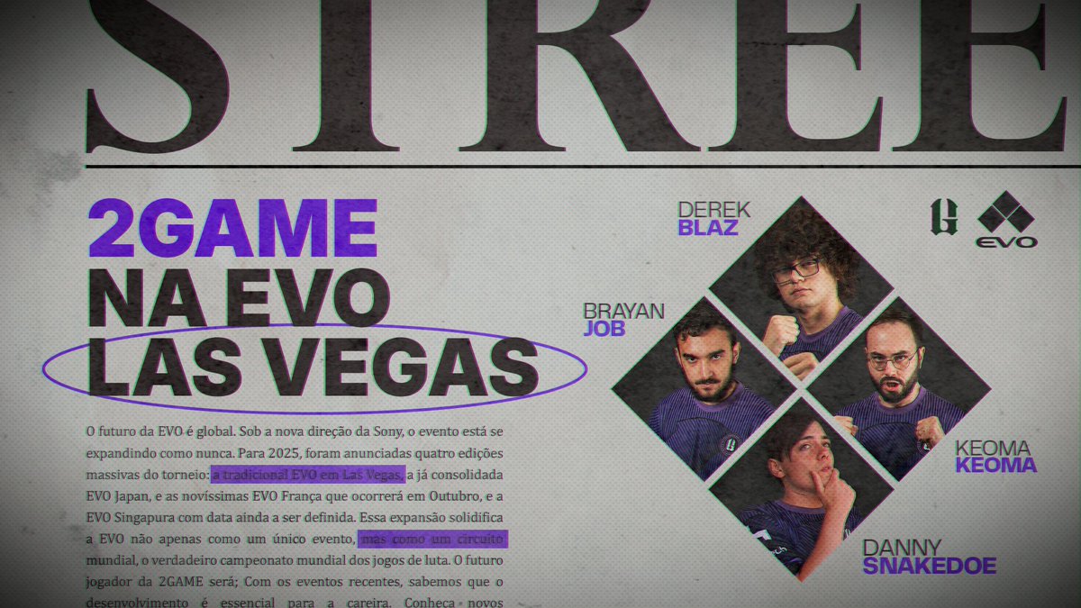 Próxima parada, <a href="/Evo/">Evo</a> Vegas! 🇺🇸

Nossos guerreiros vão com tudo para dominar o maior palco dos jogos de luta do mundo! 🔥

E contamos com a sua torcida entre os dias 1 e 3 de agosto! 💜

#2GAMENAEVO #Evo2025 #Go2game