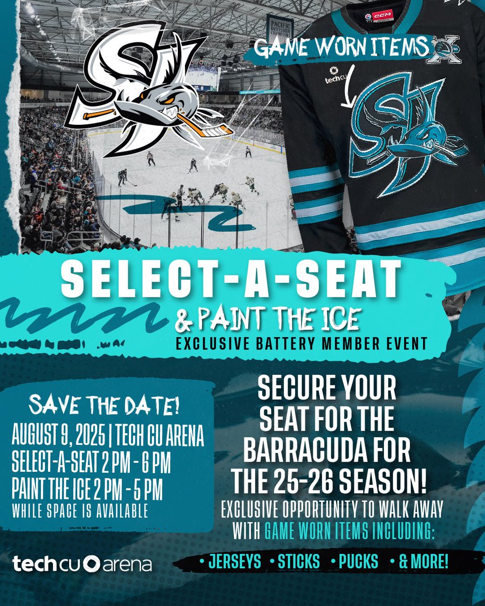 sjbarracuda's tweet image. Select your favorite seats for the 2025-26 season at our Select-A-Seat event on August 9th! Contact the sales team for more information at 408-999-5757 #BarracudaHockey