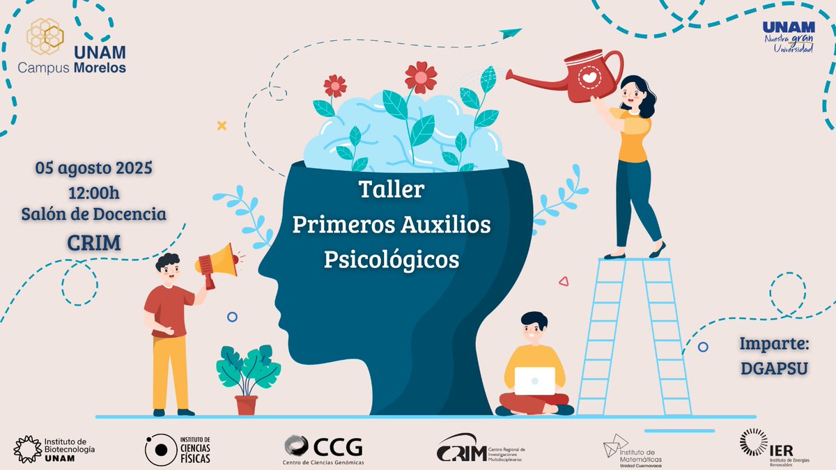 unammorelos's tweet image. Invitamos a la comunidad universitaria a "Taller Primeros Auxilios Psicológicos"
Imparte #DGAPSU
@PCUNAM
Martes 05 de agosto 12:00h en el Salón de Docencia del
@crim_unam
Les esperamos!