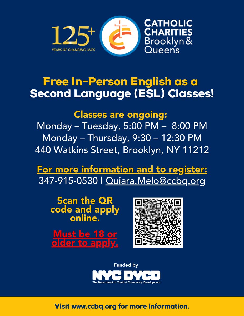 CathCharitiesBQ's tweet image. 🚀 Dive into a world of opportunity with #CCBQ's FREE #ESLClasses! 💼✨ Thanks to @NYCYouth, we're here to empower you on your journey to fluency! 🌟🗣️
#BetheSolution #LearnEnglish #ESL