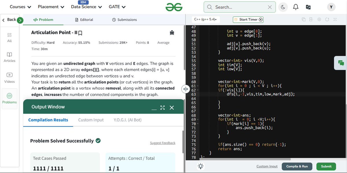 YojitKataria's tweet image. 🚀 Day 117: Articulation Points - II! 🧠🌐
Explored how removing a single node can disconnect a graph!
Implemented DFS to find critical nodes (cut vertices).
#GraphTheory #DFS #ArticulationPoints #TarjanAlgorithm
#GeeksforGeeks #100DaysOfCode #geekstreak2025
@geeksforgeeks