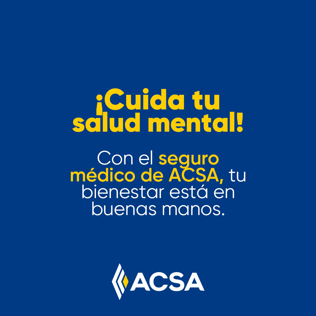 ¿Sientes que nunca desconectas? 🧠💥 Tu mente no fue hecha para hacerlo todo al mismo tiempo. Dale un respiro, enfócate y protégela.

Con ACSA tu salud mental también está cubierta, incluyendo terapias psicológicas dentro de nuestro seguro médico : acsa.sv/acsa-med💙
