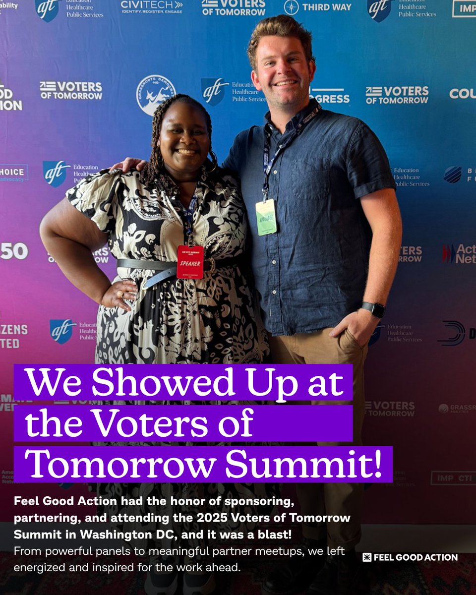 FeelGoodAction's tweet image. We showed up at the 2025 @VotersTomorrow Summit in DC!

✅ Ben spoke on civic tech
✅ Katherine spotlighted youth prereg tools
✅ We met amazing partners

Grateful and fired up for what’s next!

Partner with us: feelgoodaction.org

#VotersofTomorrow #FeelGoodAction