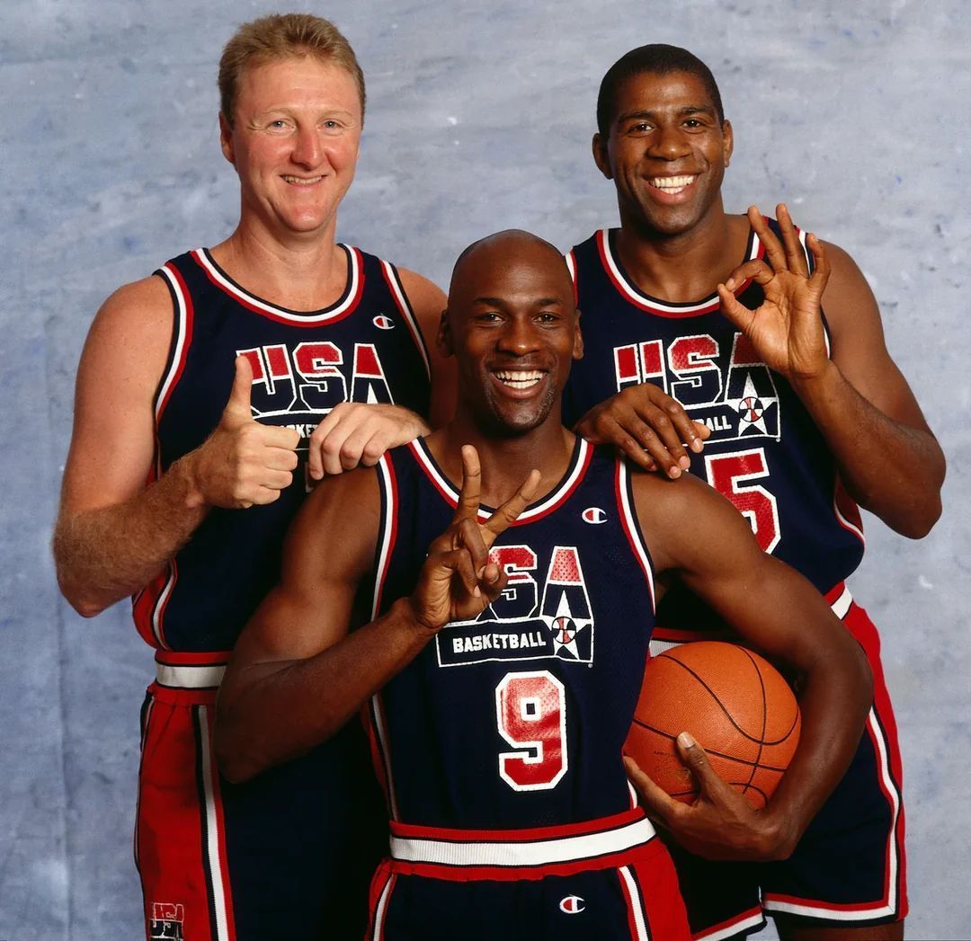 historydefined's tweet image. Magic Johnson, Larry Bird and Michael Jordan, 1992
