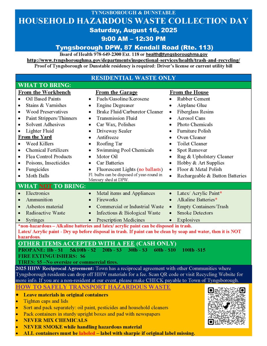 The Tyngsborough Health Department will host Household Hazardous Waste Day on Saturday, August 16, 2025 from 9 AM to 12:30 PM at the DPW Yard on Kendall Road.

Learn more at the link below. ⬇️

🔗tyngsboroughma.gov/CivicAlerts.as…