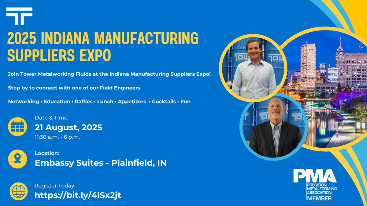 Tower is excited to be exhibiting at the PMA 2025 Indiana Manufacturing Suppliers Expo! 

Join us for a fun-filled day of networking, education, raffles, lunch, appetizers, and cocktails!

Register Today: bit.ly/4lSx2jt

#PMA #IndianaManufacturingSuppliersExpo #TowerMWF