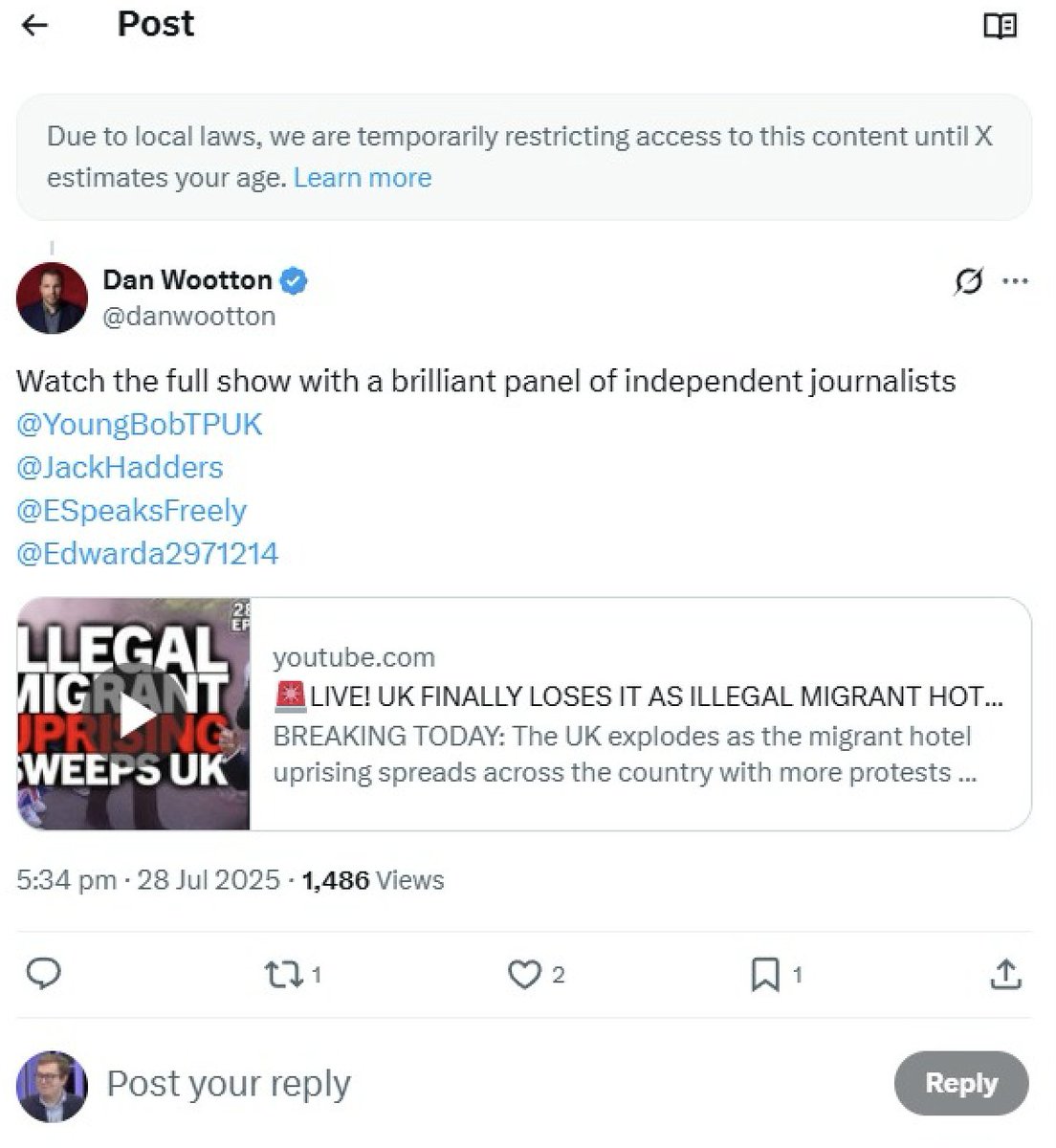 My Outspoken Digest about the migrant protests up &amp; down the country this weekend has been censored under the UK government Online Safety Act on X.
As a result, no one has watched the truth.
This isn't about protecting children from suicide.
This is about authoritarian control.