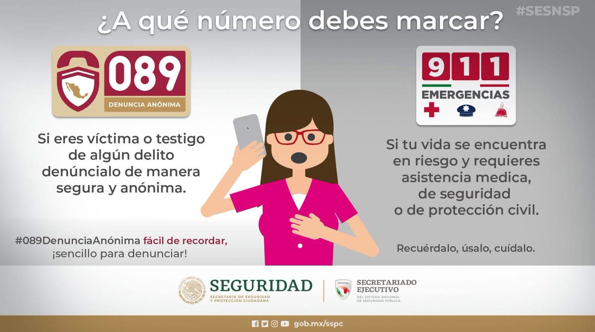 Conoce la diferencia entre la línea telefónica 911 de Emergencias y 089 de Denuncia Anónima. ☎👩🏻‍💻

Saber esta información agiliza la atención en caso de requerir de los servicios de alguna de ellas.
