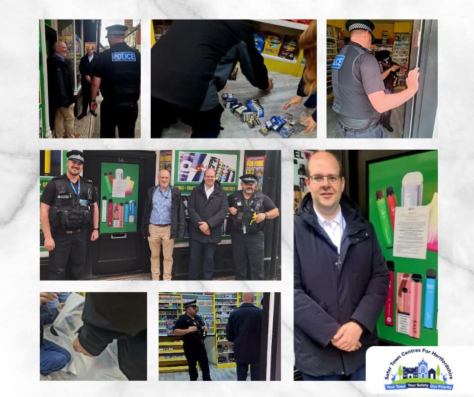 HertsPCC's tweet image. Our high streets should be safe — not a marketplace for illegal vapes targeting kids. That's why I joined police, Trading Standards & @NorthHertsDC on a raid tackling dangerous, unregulated products.
These shops risk young people’s health & may link to wider organised crime.…