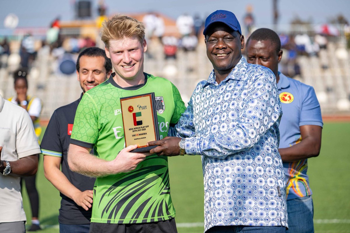 DanFredKidega's tweet image. I was honoured to present an award, on behalf of @UgangaRugby, to Prince Gaoseb, Captain of UAE Team during the thrilling Asia/Africa playoff clash against Namibia at NamboleStadium in Kampala. A true ambassador of the game.