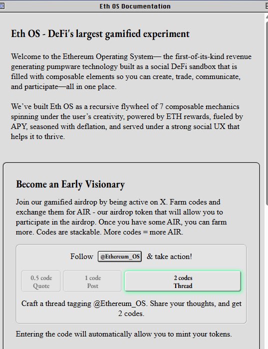 thunderxdxd's tweet image. Farm $AIR. Earn more. Win big.
Joined the gamified airdrop on @Ethereum_OS by being just active on X.
Farm codes → Mint AIR → Stake & earn
How to get codes:
▫️ 0.5 code = Quote
▫️ 1 code = Post
▫️ 2 codes = Thread (tag @Ethereum_OS)
^ Airdrop runs in 11 epochs (3 days…