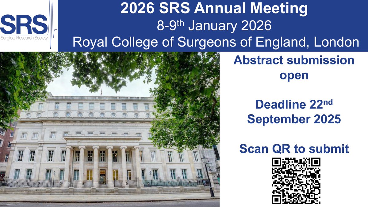 SocSARS's tweet image. 2026 SRS Annual Meeting will take place on 8th&9th January 2026 and is now accepting abstract submissions across all surgical subspecialties.
To learn more about the meeting, and submit abstracts scan the QR code or visit the link below surgicalresearch.org.uk/2026-annual-me…
