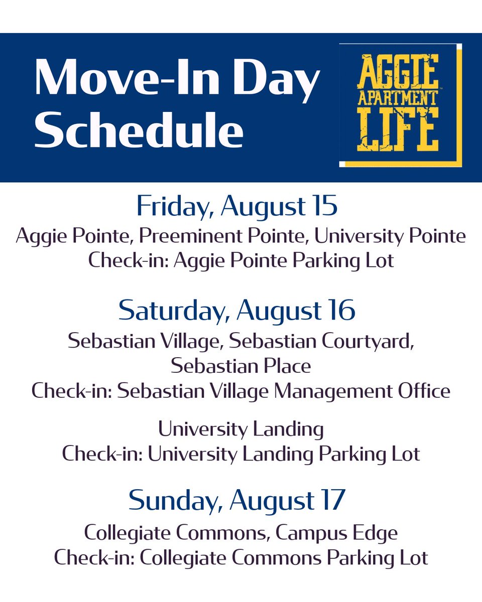 NCAT_RE_FDN's tweet image. Fall semester is almost upon us!

Time to prep for #AggieApartmentLife. Note each apartment community's move-in date and check-in location. See you soon!

#NCAT #NCAT26 #NCAT27 #NCAT28